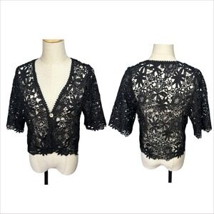 Womens Black Crochet Sheer Cardigan S Shell Button Boho Fairy Grunge Whimsigoth